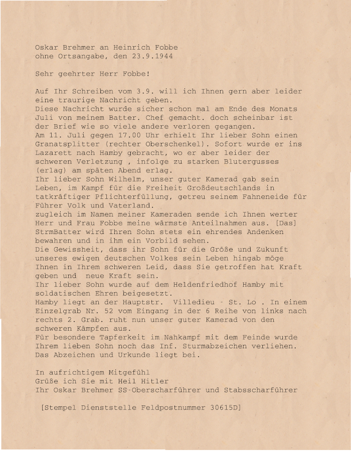 Abschrift eines Briefes von Oskar Brehmer