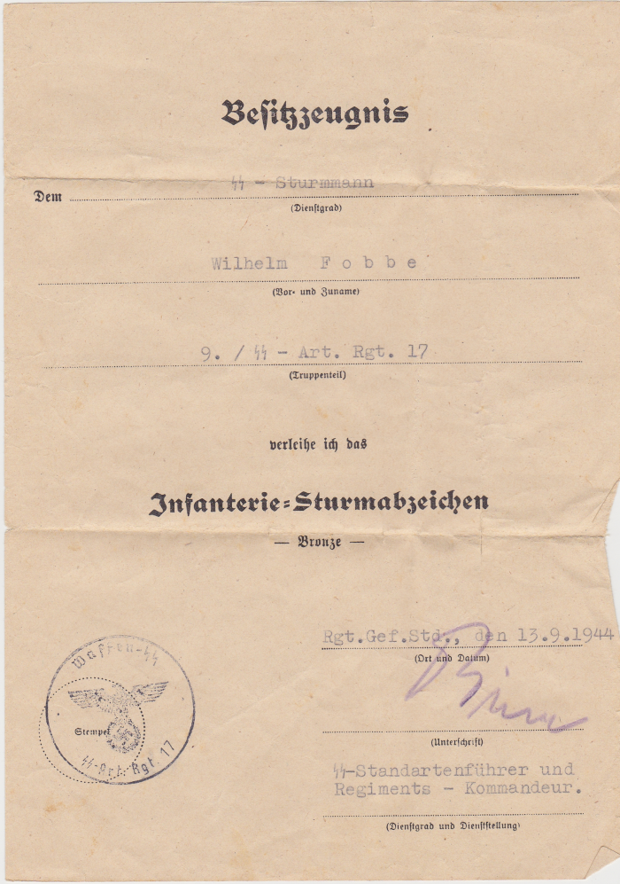 Besitzzeugnis Infanterie-Sturmzeichen